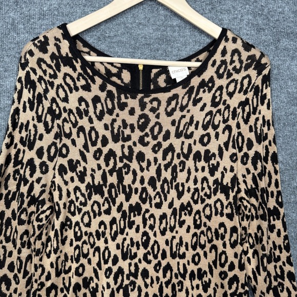 Chico's Size 2 US Large Top Blouse Tan Black Leopard Animal Print Long Sleeves - Picture 3 of 8